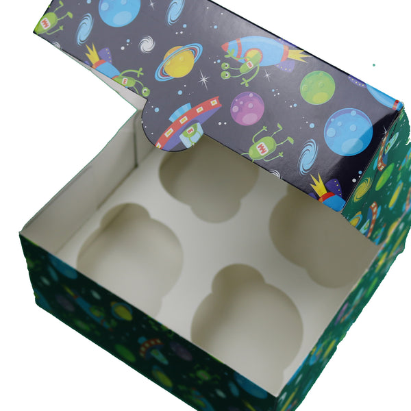 10 PACK imPRESSed® Space Themed Cupcake Boxes box for 4 Cupcakes with Window (Midnight Blue)…
