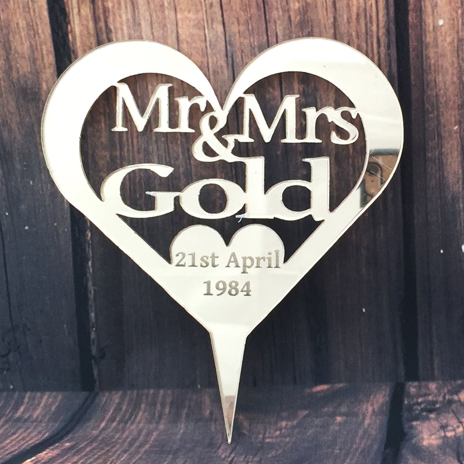Name Personalised Wedding  Mr & Mrs Heart Cake Topper Keepsake Mirror Acrylic