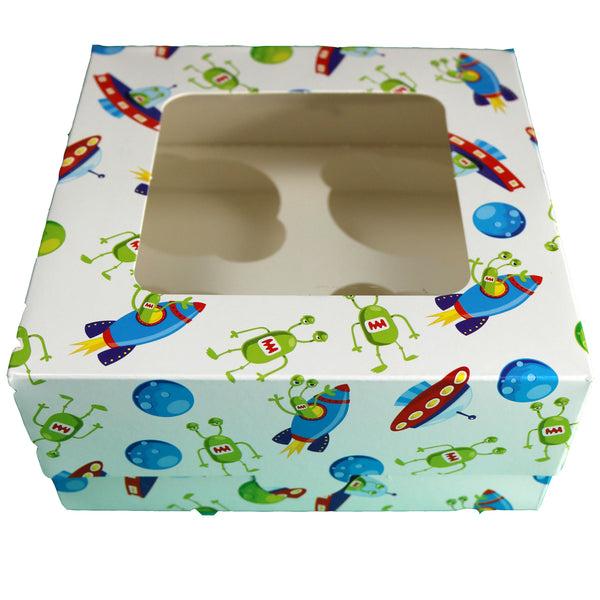 10 PACK imPRESSed® Space Themed Cupcake Boxes box for 4 Cupcakes with Window (White)